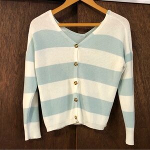 Pink Republic V-Neck Button-Up Cardigan - Blue and White Stripes
